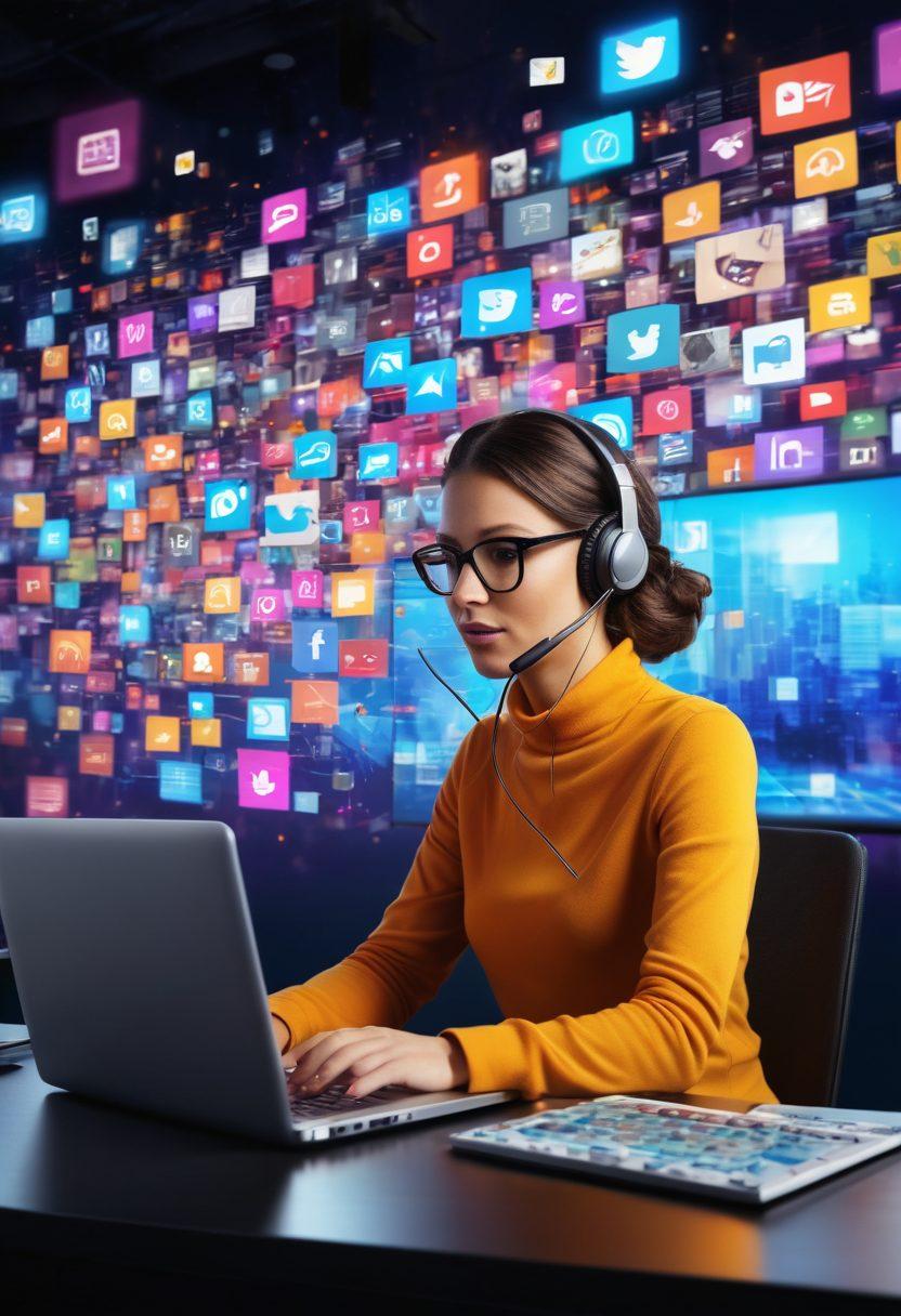 A dynamic scene showcasing a journalist transitioning from writing a blog on a laptop to broadcasting live on television. The background features a blend of digital elements like social media icons and audio waves, symbolizing the evolution of journalism. Include diverse individuals engaging with multimedia devices, representing the audience. The atmosphere is vibrant and energetic, reflecting the transformative nature of digital journalism. super-realistic. vibrant colors. 3D.