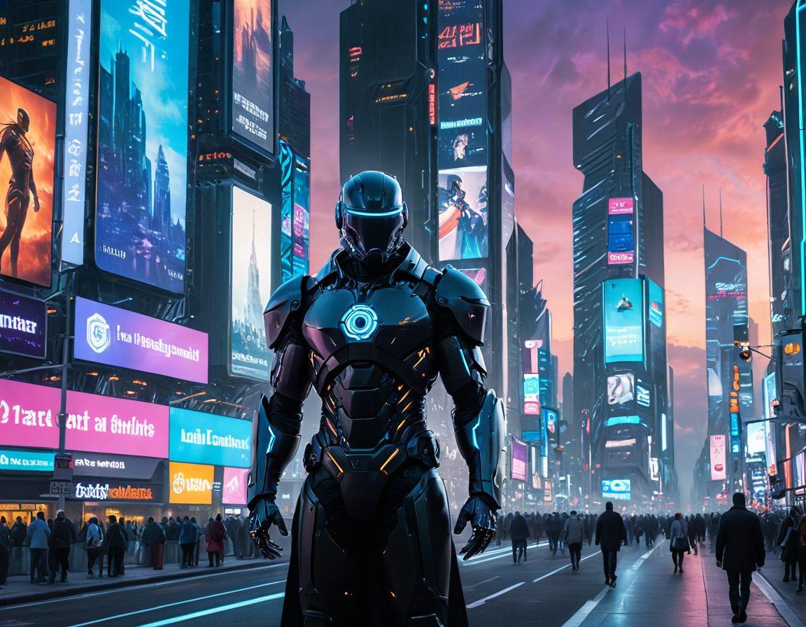 A futuristic city skyline with digital billboards displaying news headlines, a guardian figure in a sleek armor standing watch over the city, holographic images of journalists at work and digital shields protecting them, the scene bathed in twilight with glowing accents. cyberpunk. vibrant colors. 3D.