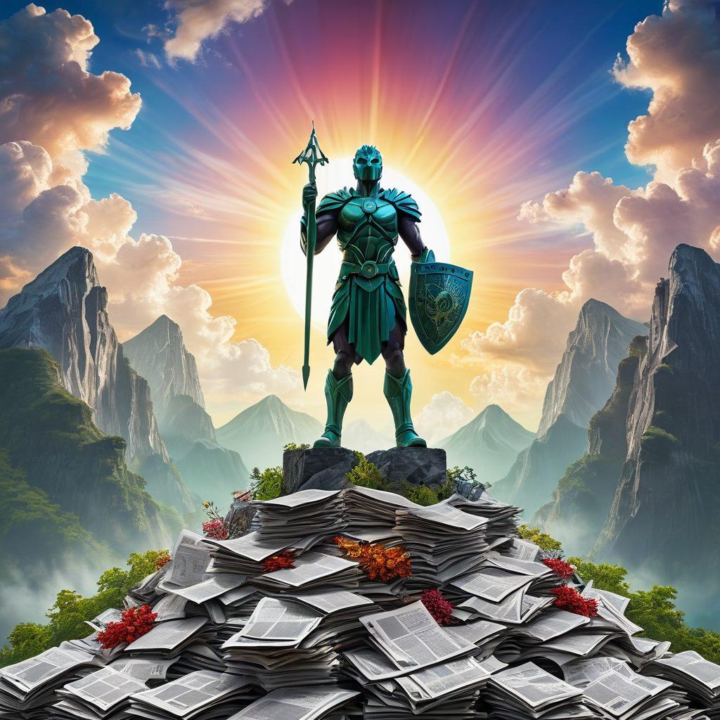 A majestic guardian figure, holding a shield that reflects the digital world, standing atop a mountain of newspapers and digital screens. In the background, a radiant sun symbolizes truth breaking through clouds of misinformation, while diverse individuals engage with laptops, searching for integrity and insight. The scene is framed by a lush landscape, representing the flourishing of knowledge. vibrant colors. super-realistic.